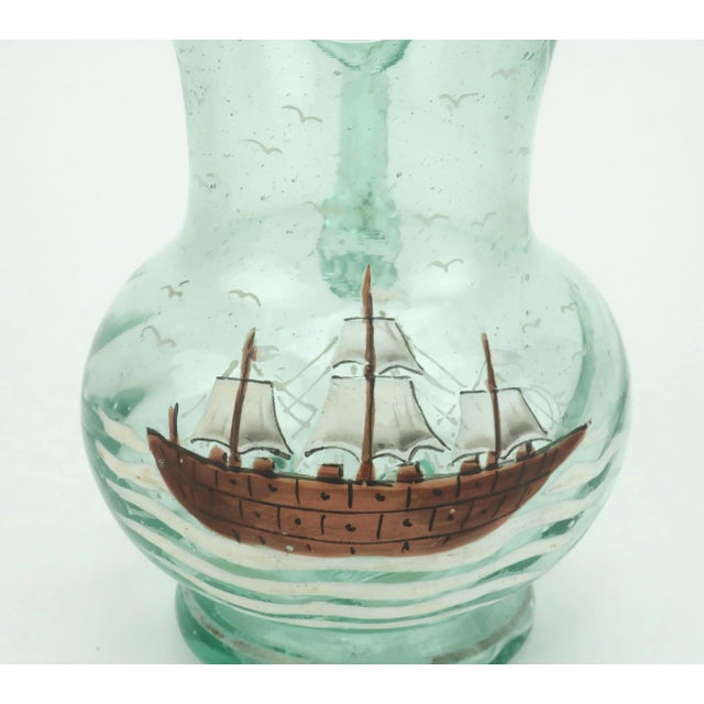 Mid-Century Modern Vintage Hand Blown Glass Bar Pitcher With Painted Ship & Nautical Motif For Sale - Image 3 of 10