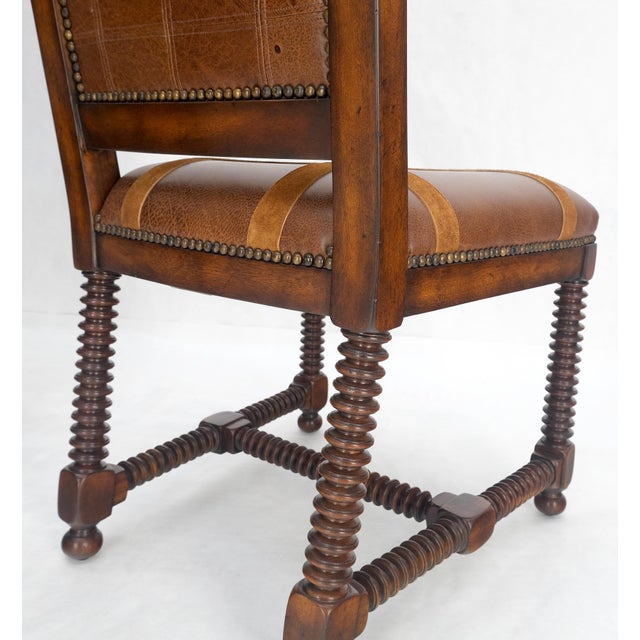 Pair of Turned Legs & Stretchers Large Leather Upholstery Side Chairs MINT! For Sale - Image 12 of 14