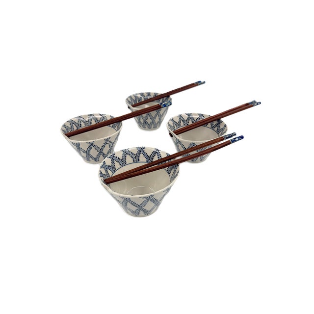 Ceramic Set of 4 Bat Trang Vietnamese Ramen/Pho/Rice Bowls Hand Painted Blue Leaf Motif and Chopstick Rests For Sale - Image 7 of 8