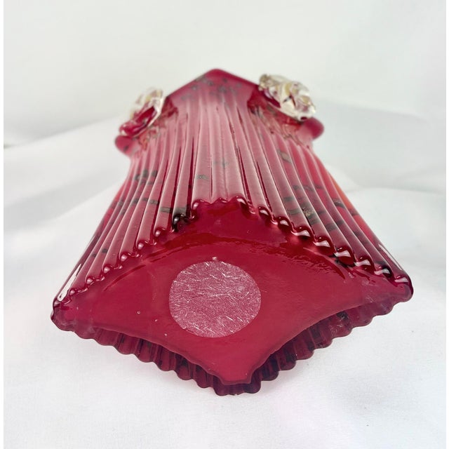 Vintage Murano Style Ruby Red Art Glass Purse Vase With Clear Handle & Aventurine Flecks For Sale - Image 11 of 12