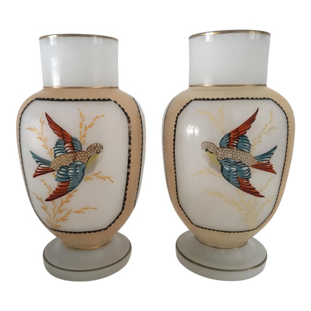 Vintage Hand Painted Bristol Glass Vases With Flying Birds Decoration S/2 For Sale