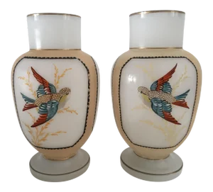 Vintage Hand Painted Bristol Glass Vases With Flying Birds Decoration S/2
