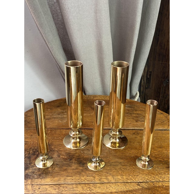 Tubular Candlesticks and Bud Vases in Brass, 1950s, Set of 5 For Sale - Image 14 of 15