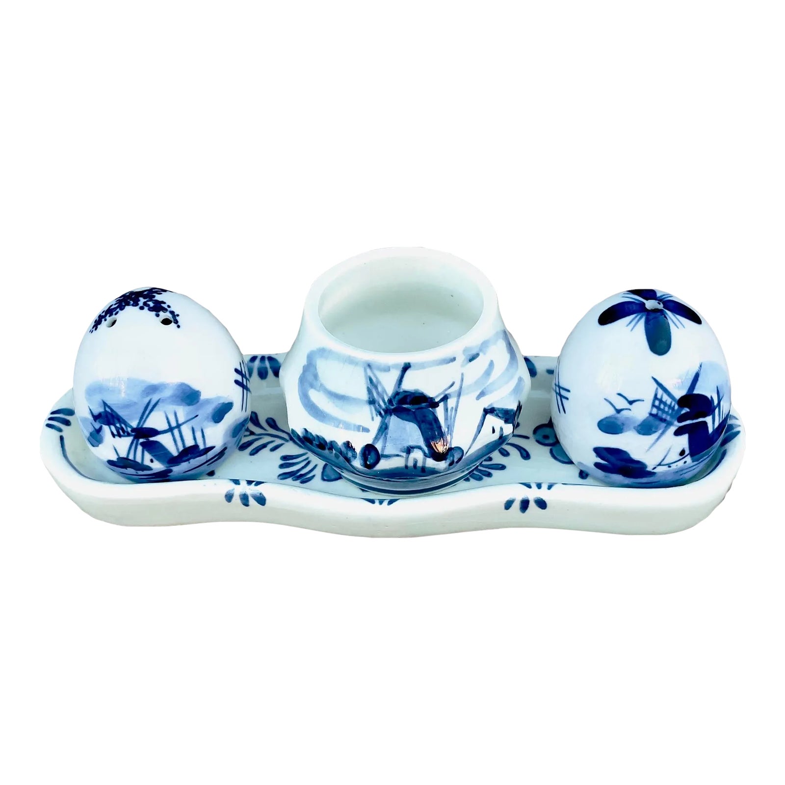 Vintage Ceramic Delft Condiment Set With Matching Tray- 4 Pieces | Chairish
