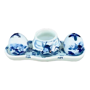 Vintage Ceramic Delft Condiment Set With Matching Tray- 4 Pieces