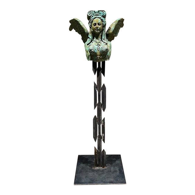 Greek Sphinx Verdigris Sculpture Female Bronze and Forged Steel For Sale