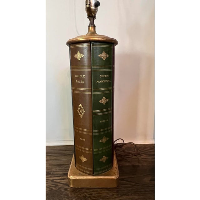Wood Vintage Frederick Cooper Attributed Table Lamp Faux Leather Books With Gold Leaf For Sale - Image 7 of 12