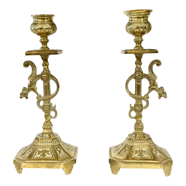 Pair Antique Late 19th Century French Brass Candlesticks With Curled Dragon For Sale