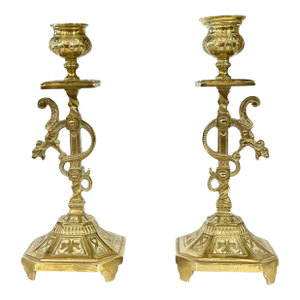 Pair Antique Late 19th Century French Brass Candlesticks With Curled Dragon