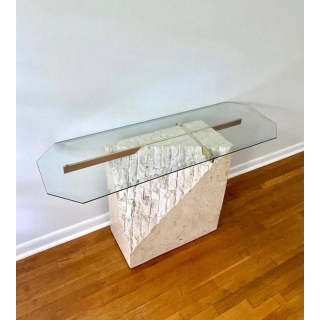 1980s Postmodern Tessellated and Travertine Veneer Sofa Console Table