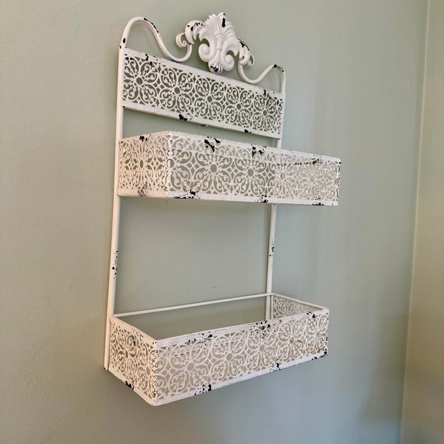 Farmhouse Vintage Decorative Shabby Chic Metal Vanity Wall Shelf For Sale - Image 3 of 12