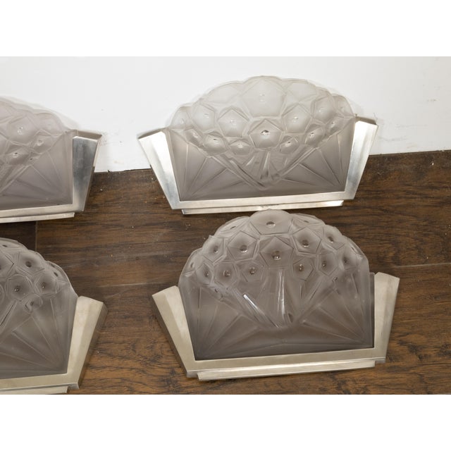Silver Early 20th Century Art Deco Period Molded Glass Wall Sconces in Silvered Metal Mounts - Pair For Sale - Image 8 of 10