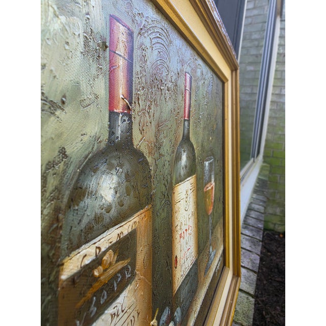 Artisan House Vintage Textured Impasto Oil Painting – "P. Aponte" Wine Still Life With Grapes in Gold Frame For Sale - Image 4 of 6