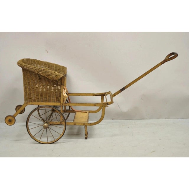 Victorian Antique Victorian Wicker & Metal Baby Carriage Pull Behind Stroller Dog Carrier For Sale - Image 3 of 12