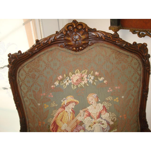 Brown Ornate French Louis XV–Style Carved Wood Armchair With Floral Tapestry Upholstery For Sale - Image 8 of 15