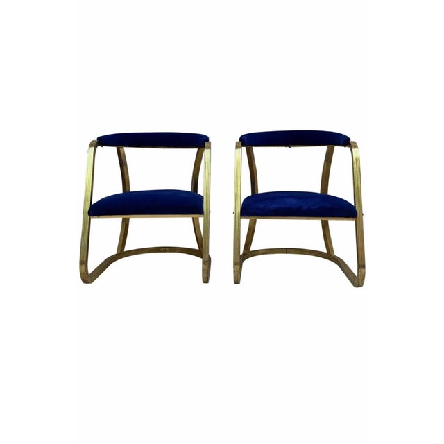 Set of Mid-Century French Gold Brass Armchairs with Blue Velvet Upholstery, 1940s For Sale - Image 12 of 12