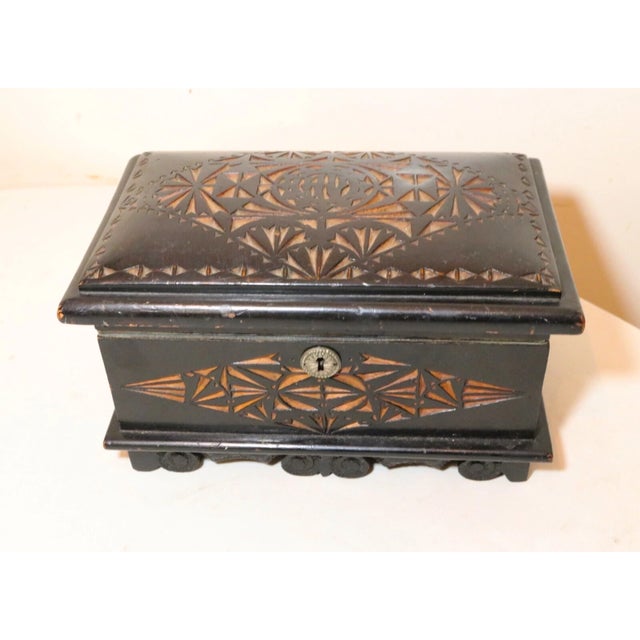Wood Antique 1800s Ornate Hand Chip Carved Ebonized Wooden Velour Lined Jewelry Box For Sale - Image 7 of 12