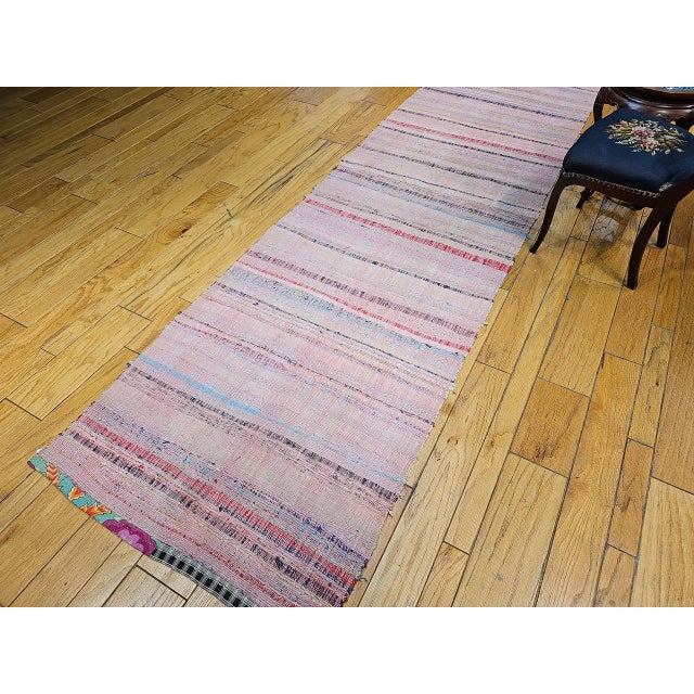 Early 20th Century Vintage Rag Runner, Handwoven Wool & Cotton, Stripe Pattern, Red & Pink, 3x14 For Sale - Image 5 of 18