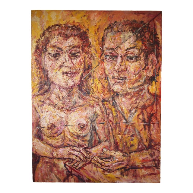 Original Expressionist Peter Passuntino Abstract Painting of Nude Woman Couple For Sale