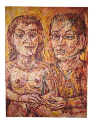 Original Expressionist Peter Passuntino Abstract Painting of Nude Woman Couple
