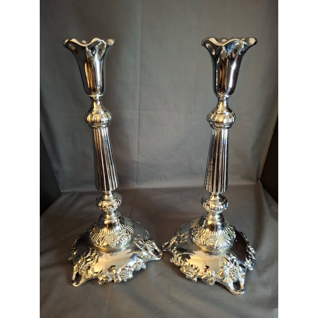 Late 20th Century Monumental 14.5" Antique Norblin & Co. Silver Plated Candlesticks For Sale - Image 5 of 13