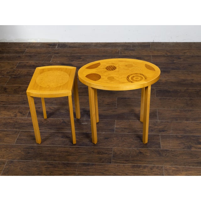 Brown Mid 20th Century Baker Furniture Art Deco Style Nesting Tables with Whimsical Geometric Motifs For Sale - Image 8 of 12