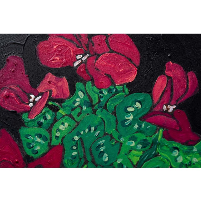 Chinoiserie Pink Cyclamen Plant in Blue-And-White Delft Lion Planter Original Fauvist Painting For Sale - Image 3 of 5