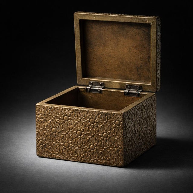 Vintage Embossed Brass Over Wood Trinket Box – Floral Repoussé Hinged Jewelry / Keepsake Box, India For Sale In Los Angeles - Image 6 of 6