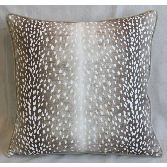 Stunning custom-tailored pillow in a printed linen fabric depicting an antelope, deer/fawn animal spot design....