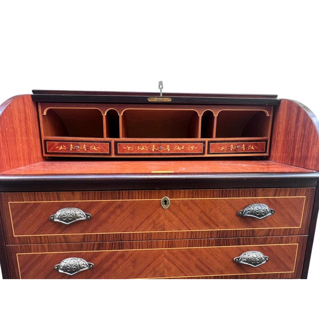 Swedish Roll-Top Secretary Desk Bookmatched Teak & Rosewood Attributed to Egon Ostergaard For Sale In New York - Image 6 of 18