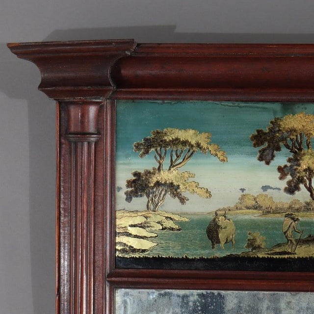 Early 19th Century Antique Federal Mahogany Veneer Mirror With Englomise Landscape Panel C1830 For Sale - Image 5 of 8