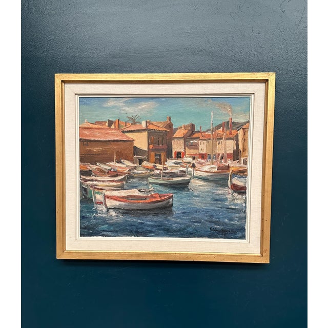 Original Swedish Oil on Canvas – “Boats in the Harbor” by Ellis Wallin – Signed – Vintage & Framed – 54 × 44 cm (21.3" ×...