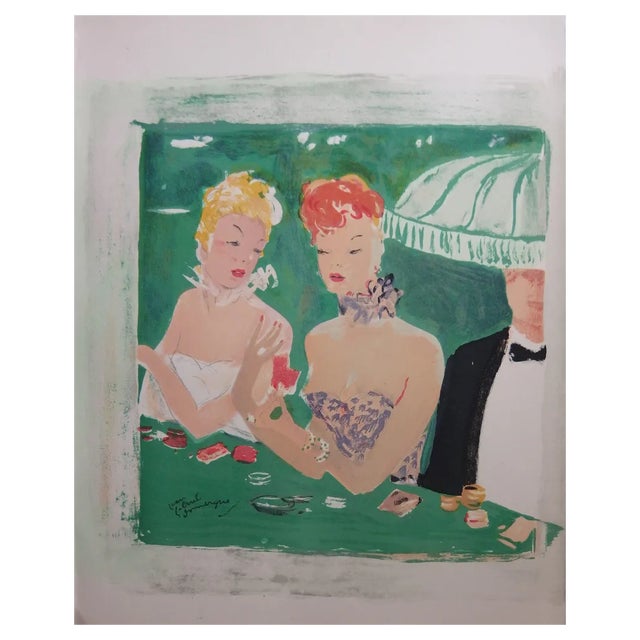 Jean-Gabriel Domergue, Two Women at the Casino, Original Lithograph, 20th Century For Sale