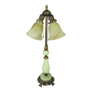 Early 20th Century Uranium Jadeite Table Lamp Alabaster Shades For Sale