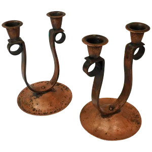 Mid Century Handmade Hammered Copper Double Candlesticks - a Pair