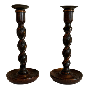Antique English Oak Barley Twist Candlesticks With Brass Caps- a Pair