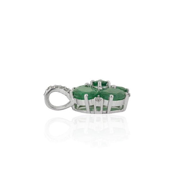 Gemstone 3.21 Carat Emerald Floral Pendant With Diamond Pavé Bail in 925 Silver For Sale - Image 7 of 12