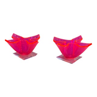 1960s Retro Mid-Century Modern Neon Pink Acrylic / Lucite Candleholders Pair For Sale
