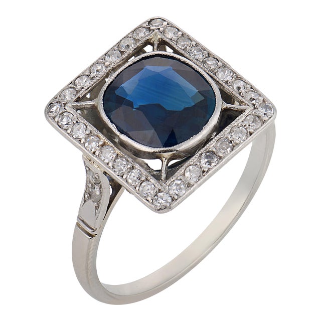1930s French Art Deco Gia 2.00 Carat Sapphire Diamond 18k White Gold Ring, Size 6.75 For Sale