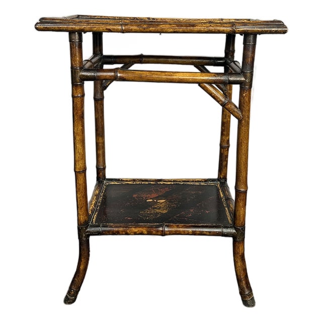 Antique English Chinoiserie 2-Tier Tiger Bamboo Side Table, 1870 For Sale