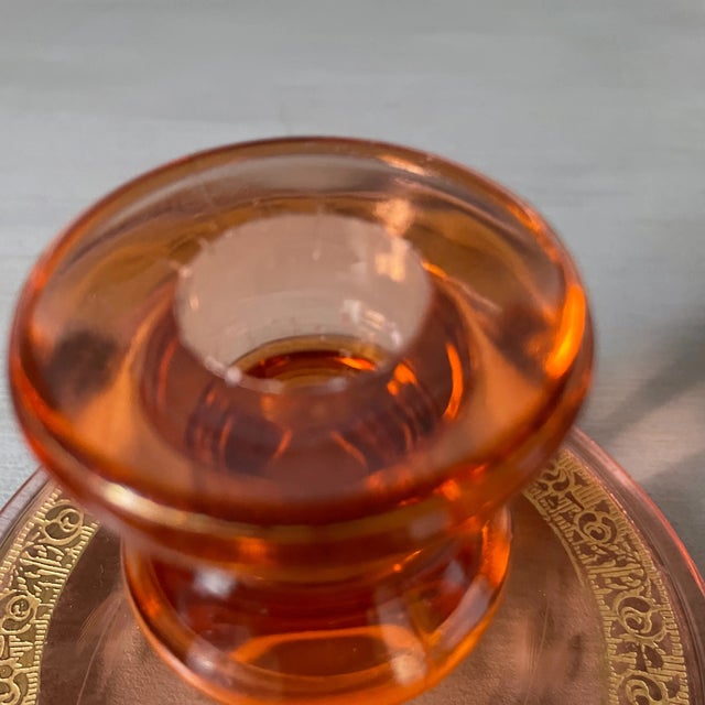 Vintage Depression Era Sandwich Glass Candle Holder With Gold Paint Accent and Etched Floral Design For Sale - Image 9 of 10