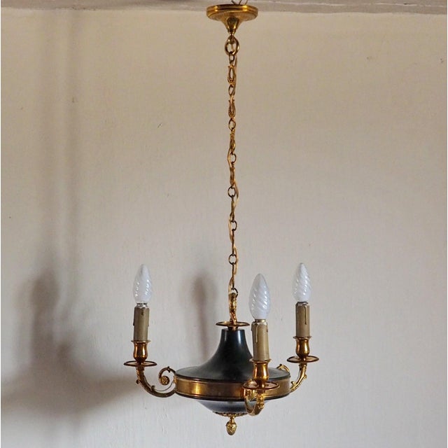 Vintage French Empire 3-Arm Brass Dark Green Tole Chandelier, 1960s For Sale - Image 4 of 16