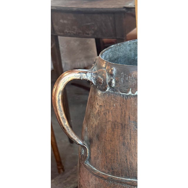 Stunning large antique pure copper vessel. Unique zigzag detailing and solid construction. Hand hammered