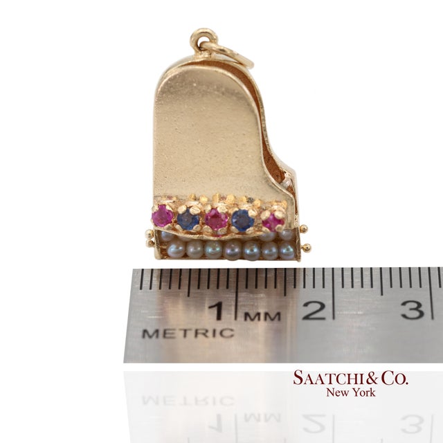 14k Solid Yellow Gold Pearl and Multicolor Gemstone Piano Charm Pendant For Sale - Image 9 of 11