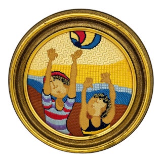 Vintage Round Needlepoint With Gold Frame - a Day at the Beach For Sale