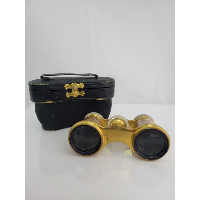 Antique French Opera glasses by Lemaire of Paris, with iridescent mother of pearl inlay and gold plated brass finish, size...