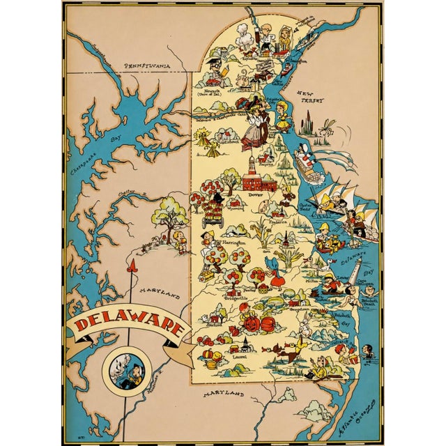 Vintage Delaware Pictorial Map by Taylor, 1935 – Original Custom Framed Map For Sale - Image 4 of 5