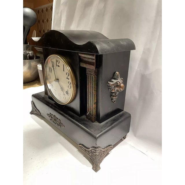 Wood Antique American Black Mantel Clock by Waterbury For Sale - Image 7 of 7