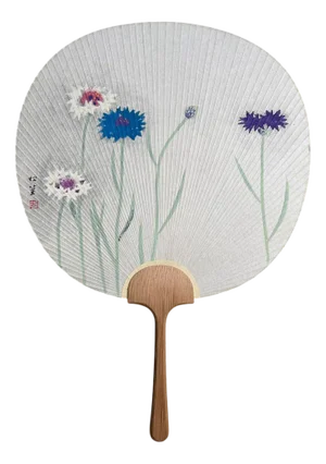 Japanese Uchiwa Hand Fan with Cornflowers, 1970s