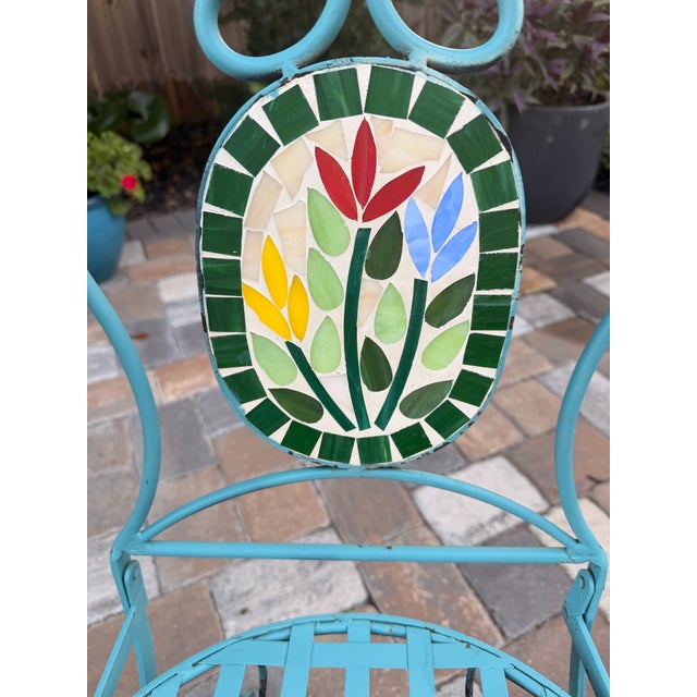 Metal Vintage Turquoise Iron Garden Bistro Set With Floral Mosaic Folding Chairs For Sale - Image 7 of 12